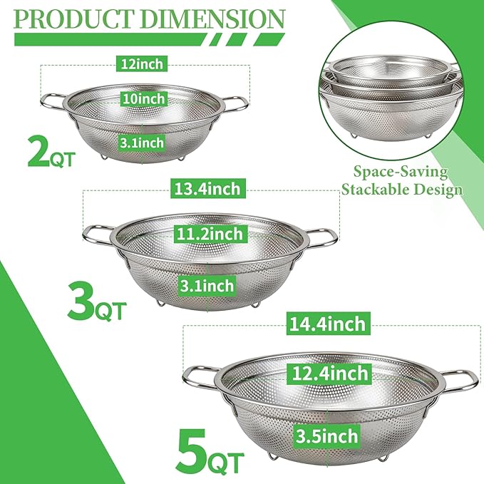 Stainless Steel Colander Set of 3 - Micro-Perforated Metal Strainer for Draining Pasta, Washing Rice & Rinsing Vegetables - Heavy Duty & Dishwasher Safe Kitchen Colanders - 2, 3, 5 Quart