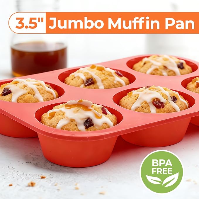 CAKETIME Silicone Jumbo Muffin Pan, 3.5 Inch Silicone Texas Muffin Pan 6 Cup Large Cupcake Pan Nonstick BPA Free Silicone Molds 2 Pack Red