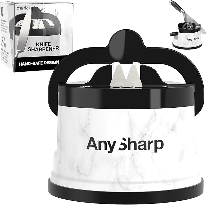 AnySharp – Editions – Hands Free Knife Sharpener - Easy to Use Sharpening Tool w/PowerGrip Suction Base and 20-Degree Pre-Set Angle - for All Knives: Chef's, Serrated, Hardened Steel - White Marble