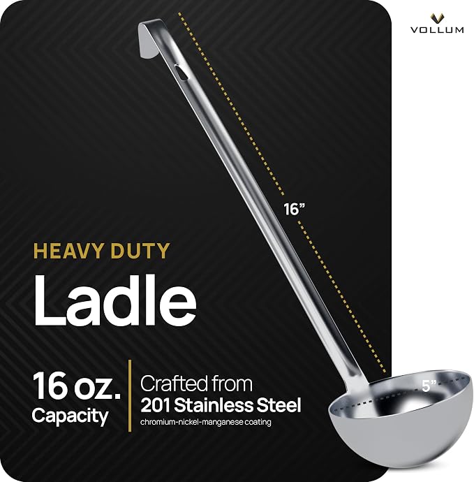 Vollum Metal Ladle Stainless Steel – Heavy Duty One-Piece Large Soup Ladle with Long Handle for Gravy, Stew, Sauce – Kitchen Utensils for Cooking - 16 Ounce (5" Bowl Diameter, 16" Handle Length)