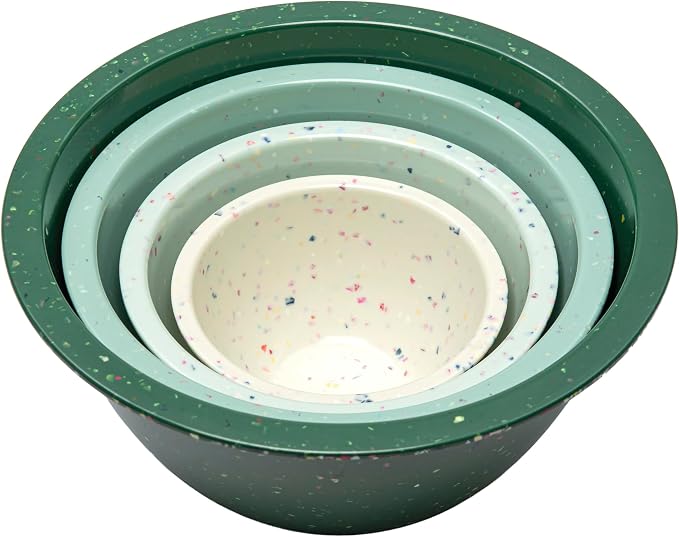 Confetti Melamine Mixing Bowls Set, 4 Piece Nesting BPA free Green | 4-Piece Kitchen Serving Bowls (18oz, 1.25QT, 2.5QT, 4QT) dishwasher safe, stackable and space-saving.