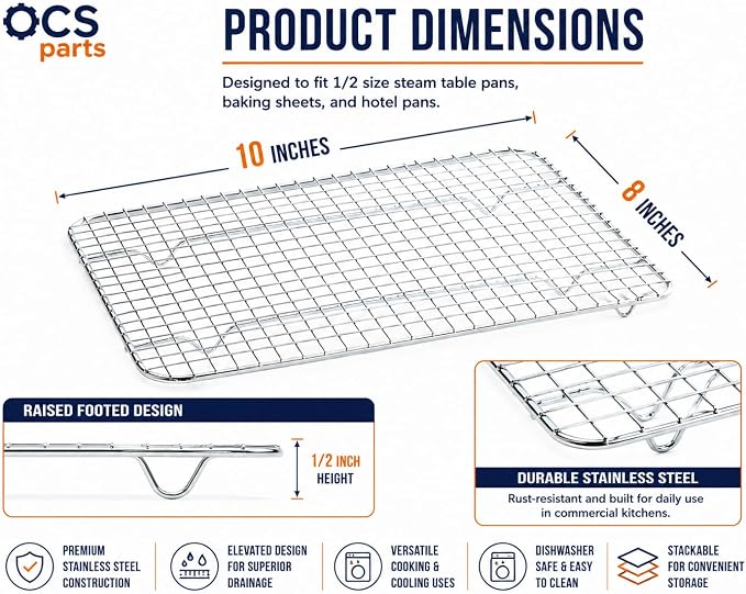 OCS Parts 8" x 10" Stainless Steel Pan Grate for 1/2 Size Steam Table Pans | Footed Cooling Pan Grate for Steam Tables, Baking, and Hotel Pans