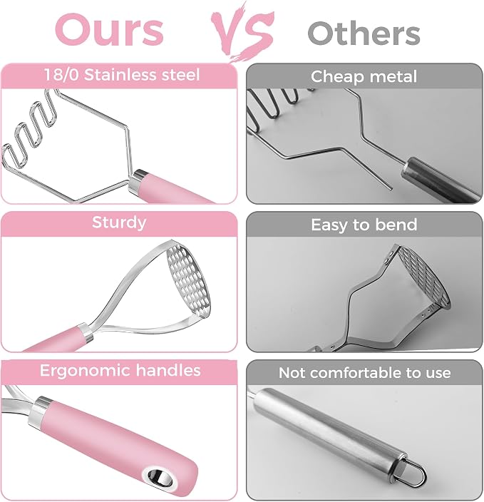 18/0 Stainless Steel Pink Potato Mashers, 10.7-in Kitchen Masher Tool for Avocado Vegetable Sauce Butter, Heavy Duty, Dishwasher Safe, Pack of 2