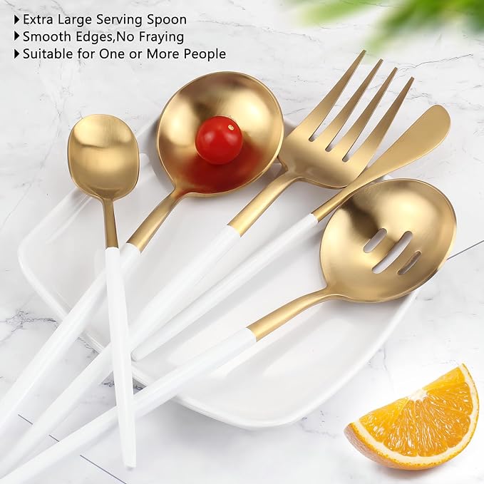 Serving Utensils,Set of 5 Matte Whitegold Large Serving Spoon,Slotted Serving Spoon and Serving Fork,with Sugar Spoons and Butter Knife,Stainless Steel Serving Utensils Set for Party Catering Buffet