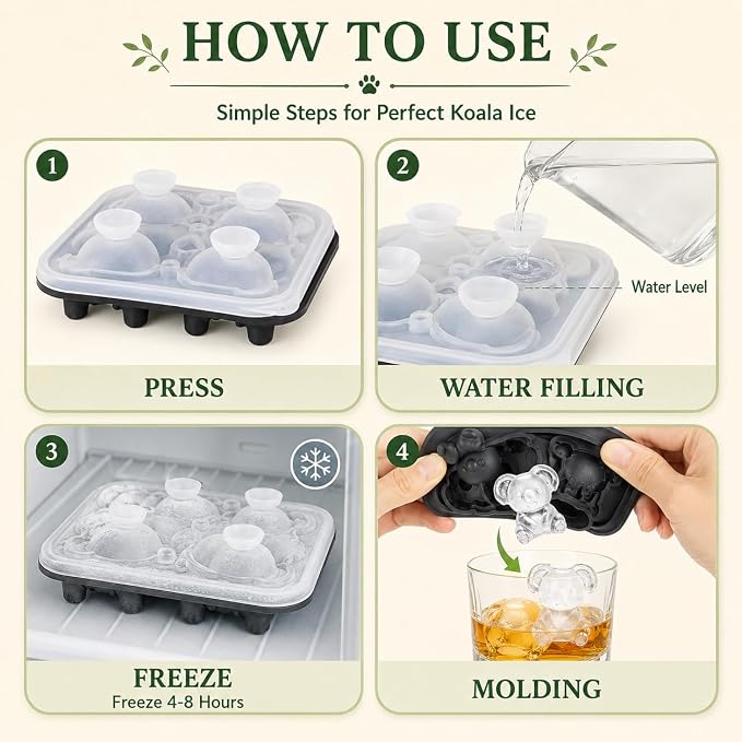 Koala Ice Cube Tray Mold - Cute Fun Whiskey Ice Molds Gifts for Women Men | 3D Koala Shape Cute Ice Molds for Whiskey Bourbon, 4-Hole Large Fun Shapes Funny Gifts, for Animals Lovers Women Men