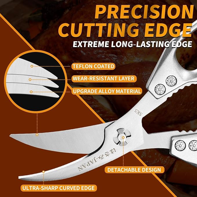 Huusk Kitchen Shears Set Silver - Professional Seafood & Kitchen Scissors Set, Sharp Japanese-Style Cooking Scissors for Crab, Shrimp, Lobster, Herbs and Food Prep, Gifts for Men Women