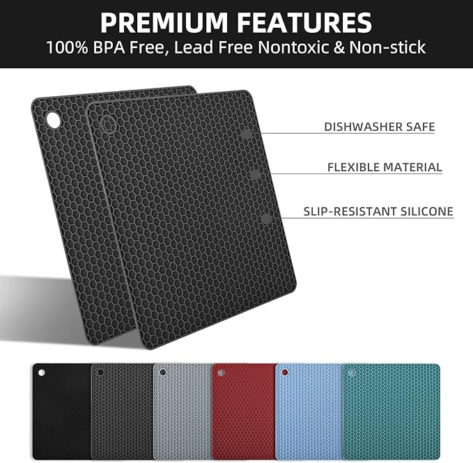 Silicone Trivets Mats, Silicone Hot Pads for Pot Holder, Square Trivets for Hot Dishes, Pots and Pans, Multipurpose Hot Pads for Kitchen Counter, Non Slip Heat Resistant Mats Set 4 Dark Grey