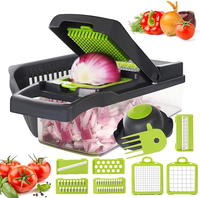 Vegetable Chopper, 12 in 1 Mandoline Slicer Food & Onion Chopper Cuber Cutter Onion Dicer, Veggie Slicer Manual for Garlic, Cabbage, Carrot, Potato, Tomato, Fruit, Salad (Green)-christmas gifts