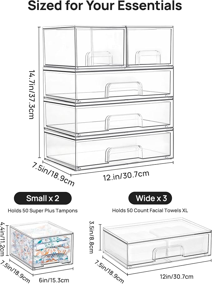Vtopmart Clear Stackable Storage Drawers Set of 5, Plastic Organizer Bins | Multi-purpose Boxes for Bathroom Accessories, Beauty Supplies, Ideal for Cabinet, Shelf, Pantry, Laundry Room Organization