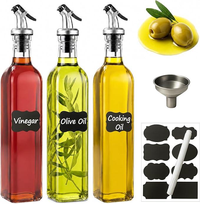 WERTIOO Oil Bottles for Kitchen 3 Pack, 17oz Oil and Vinegar Dispenser Set | 500ml Olive Oil Dispenser Bottle for Kitchen, with 3 Plastic Pourer, 1 Stainless Steel Funnel, Pen and Label