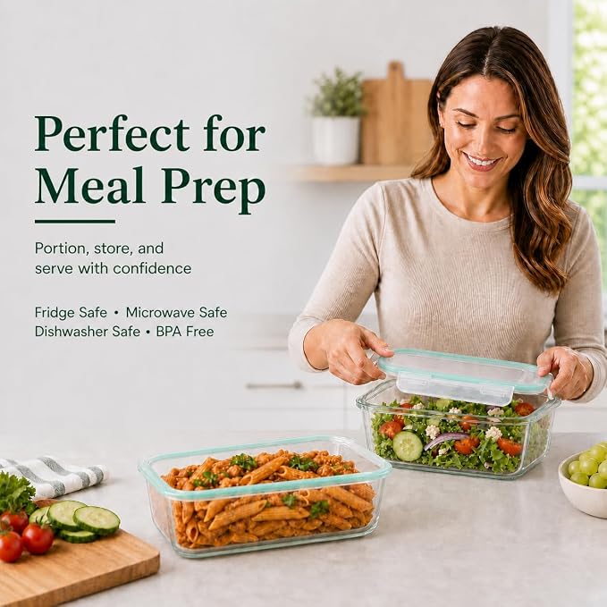 2 Pack 63oz Large Glass Storage Containers with Lids Big Meal Prep Food Container Set for Storing food, vegetables or fruits, BPA Free, Freezer Dishwasher Oven Safe
