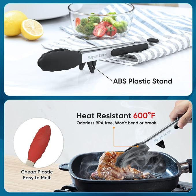 5-Pack Silicone Tongs for Cooking,Maywe Tanso 4PCS 13-Inch Kitchen Tongs with Silicone Tips,Nonstick Stainless Steel Tong for Steak Pie Pizza Pasta Spaghetti Salad BBQ Buffet,Plus Brush