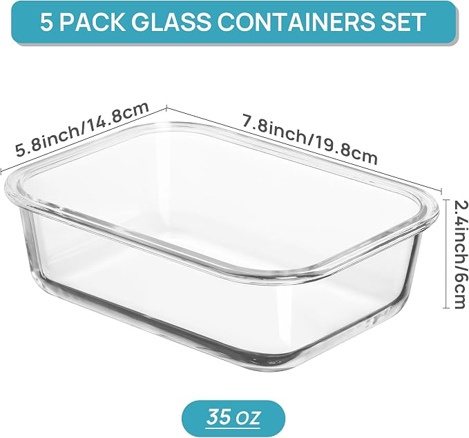 Vtopmart 5 Pack 35oz Glass Food Storage Containers with Lids, Grey | Meal Prep Containers, Airtight Reusable Lunch Container Set, Safe for Oven, Microwave, Freezer, and Dishwasher, BPA Free