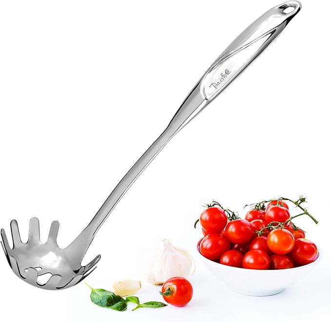 Kitchen 304 Stainless Steel Spaghetti Server – 12" Pasta Fork with Draining Holes & Anti-Slip Teeth – Rust-Resistant Noodle Ladle – Dishwasher Safe Kitchen Utensil for Everyday Use