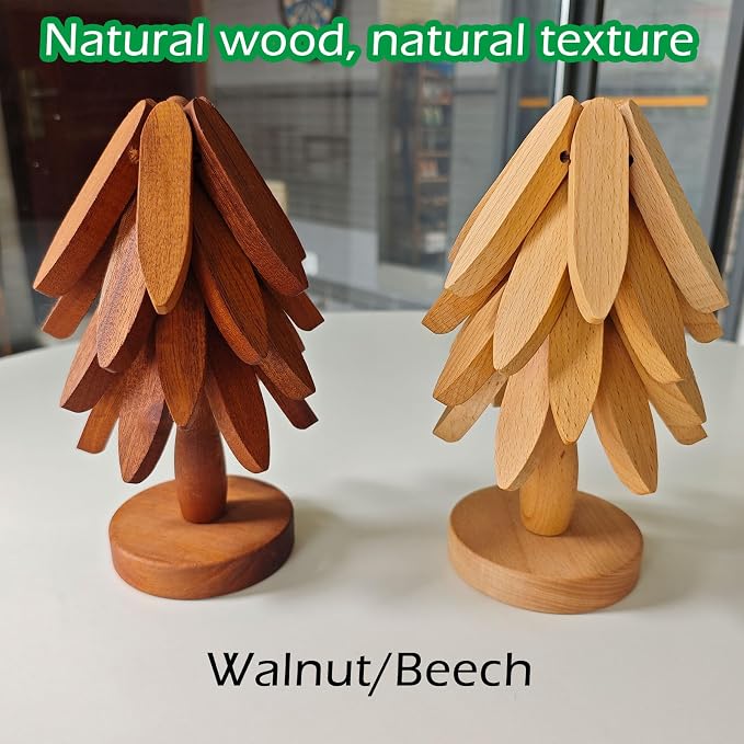 Premium Wooden Trivets Set of 4 - Auto Unfold Tree Design Hot Pot Holders & Countertop Protectors | Walnut Wood
