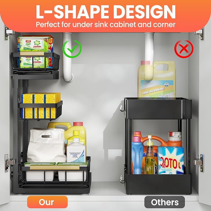 Under Sink Organizer and Storage for Bathroom and Kitchen - 2 Pack 3 Tier | Under Cabinet Pull Out Shelf Organizers - Slide Out Drawer Organization for Home Cabinets Shelves and Drawers