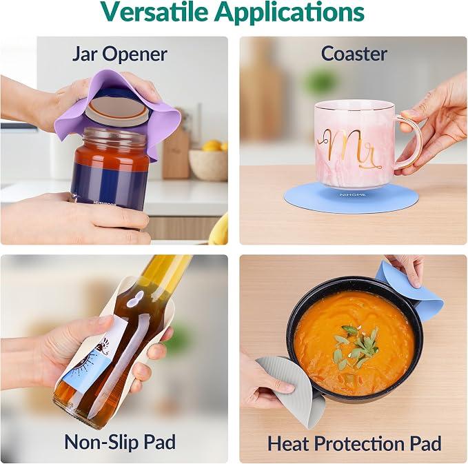 NiHome Silicone Jar Opener Gripper Pads, 6 in for Seniors, Morandi, 4PC | Textured Back Pattern For Superior Grip, Food-Grade Silicone, Heat-Resistant Multi-Use Kitchen Pad For Jars, Pots, Spoons