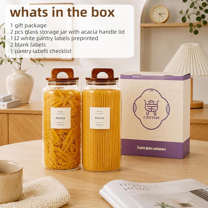 2 Pack Large Glass Flour and Sugar Containers with 132 Pantry Labels - 105 FL OZ Glass Canisters with Bamboo Airtight Lids - Farmhouse Kitchen Glass Pantry Jars for Cookie, Rice, Pasta, Cereal, Salt