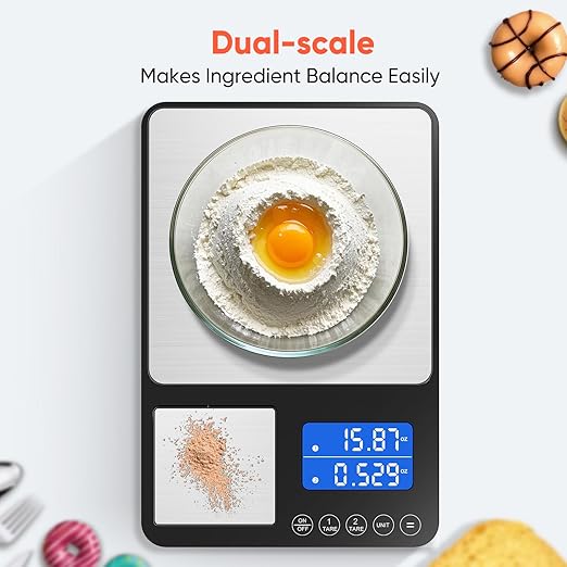 Dual Platform Digital Kitchen Scale, 33lb/15kg & 0.001oz/0.01g Precision, Two Scales in One, Coffee & Food Scale, Dual Display, Stainless Steel, Tare, g/oz/lb/ml