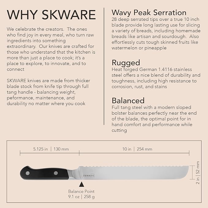 SKWARE Bread Knife - 10 Inch Long Bread Slicer Knife - Premium Serrated German Stainless Steel - Sharp, Deep, Wide Serrations for Optimal Bite - Black