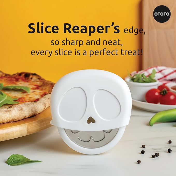 NEW - OTOTO Slice Reaper Pizza Cutter Wheel - Funny Gifts, Grim Reaper Halloween Gifts Cute Kitchen Accessories, Pizza Slicer with Cover, Kitchen Gothic Spooky Gifts, Stainless Steel Handheld (Skull)