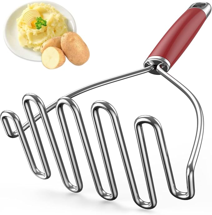 Potato Masher, Mashed Potato Masher Stainless Steel, Sturdy Masher Kitchen Tool for Potatoes, Avocado, Bean, Available for dishwasher - (Red)