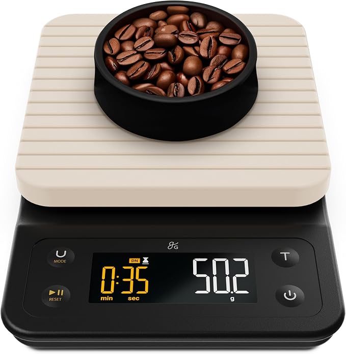 Greater Goods Coffee Scale with Timer, 0.1g Precision for Espresso & Matcha | Digital Pour-Over Scale with Waterproof Silicone Cover, Backlit Display & 6.6lb Capacity for Chemex, V60, Drip (Birch White)