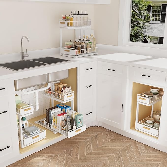 Under Sink Organizer 1 Pack Pull Out Cabinet Organizer with Ball Bearing Sliding Drawer 2 Tier Adjustable Storage Rack Heavy Duty for Kitchen Bathroom White