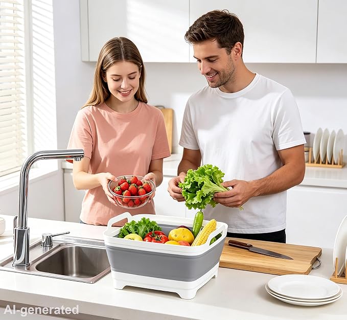 Collapsible Dish Pans for Washing Dishes 9L Portable Wash Dish Basin Foldable Laundry Tub with Drain Plug for Kitchen Sink Camping RV Accessories