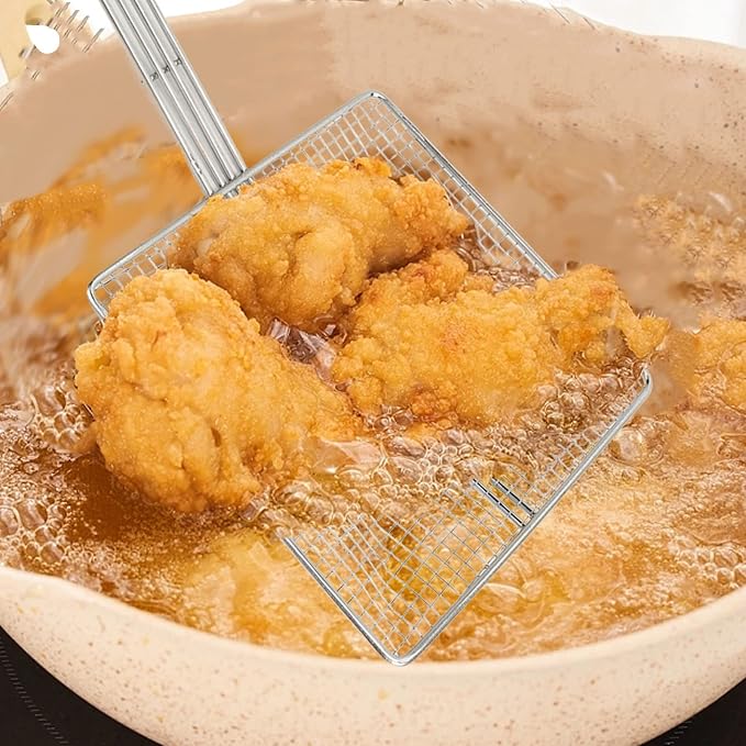 Square Strainer Skimmer, Stainless Steel Square Fryer Skimmer Ladle with Long Handle and Hanging Hook for Kitchen Deep Fryer, Pasta, Noodle(Thick mesh)