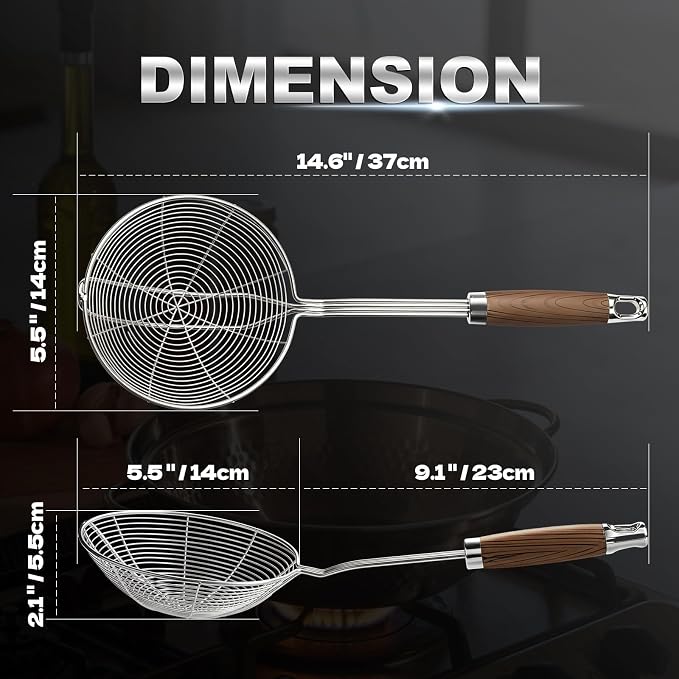 IQCWOOD Spider Strainer Skimmer Stainless Steel, 5.5" | Asian Wire Strainer Ladle Fryer Scoop with Handle for Cooking Frying Pasta Spaghetti Noodle, Kitchen Utensil Dishwasher Safe