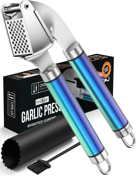 ORBLUE Garlic Press and Peeler Set, Stainless Steel - Professional Grade Mincer, Crusher - Dishwasher Safe & Rust-proof, Multi-colored