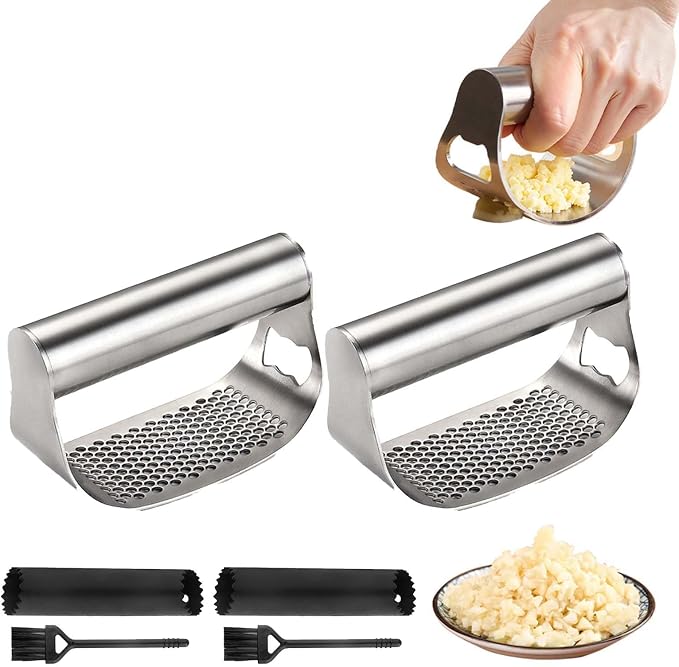 Stainless Steel Garlic Press Rocker, 2026 New Heavy Duty Ergonomic Garlic Crusher Tool with Peeler and Brush for Smash Garlic Built-in Bottle Opener - Easy Kitchen Gadget for Home Cooks (2PCS-B)