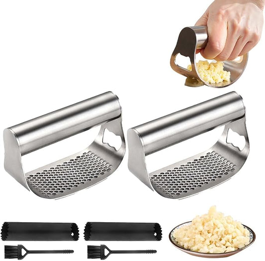 Stainless Steel Garlic Press Rocker, 2026 New Heavy Duty Ergonomic Garlic Crusher Tool with Peeler and Brush for Smash Garlic Built-in Bottle Opener - Easy Kitchen Gadget for Home Cooks (2PCS-B)