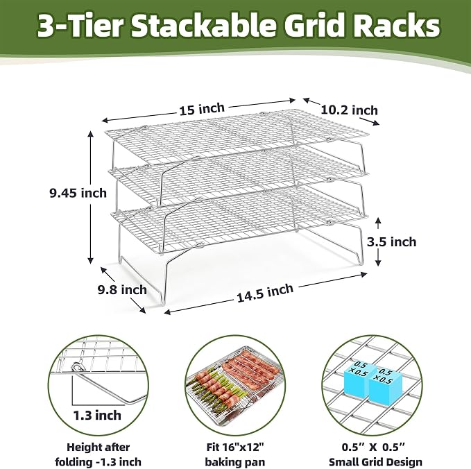 P&P CHEF 3 Tier Stackable Cooling Racks for Cooking and Baking, 15" x 10" | Stainless Steel Stackable Grid Cooling Rack for Cooling Roasting Grilling, Collapsible & Heavy Duty, Oven & Dishwasher Safe