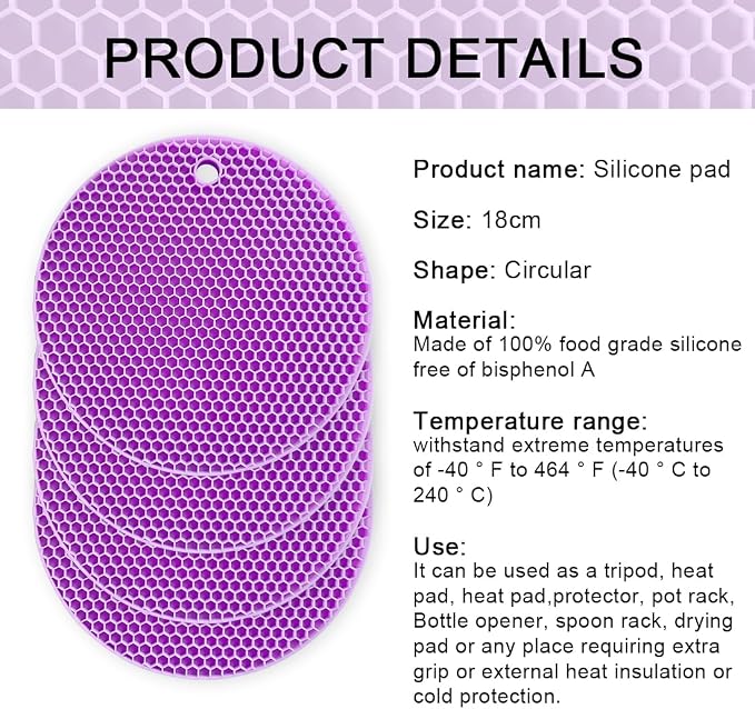 7-Inch Round Silicone Trivet Mats - 4-Pack Non-Slip Heat Resistant Hot Pads for Kitchen Countertops, Pots and Pans (Purple)