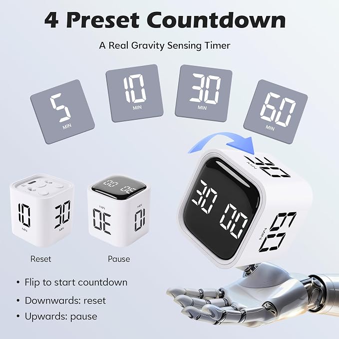 Pomodoro Timer Cube, Productivity Visual Timer Flip, 5/10/30/60 Min Preset Custom Countdown, ADHD Tool Rotating Countdown Stopwatch, Vibrate/High/Low Volume, for Study, Work, Game, Kitchen-White