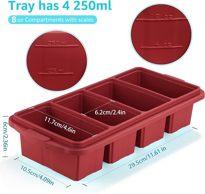 Ztomine Silicone Freezer Tray With Lid - Silicone Freezer Food Molds- Large Ice Cube Tray,Silicone Freezer Container,Freeze & Store Soup, Sauce, Broth,Leftovers - Makes 4 Perfect 1 Cup