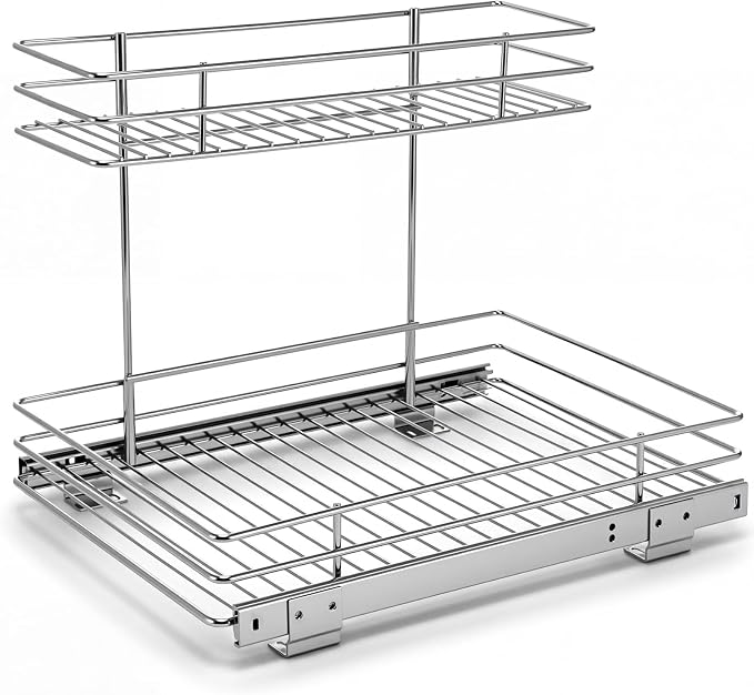 Hicarer 2 Tier Pull out Metal Under Sink Cabinet Organizer 12.6"W x 16.54"D | Metal Sliding Drawer Shelf Storage Rack Organization for Kitchen Cabinets, Pantry, Laundry, Bathroom, Chrome Finish