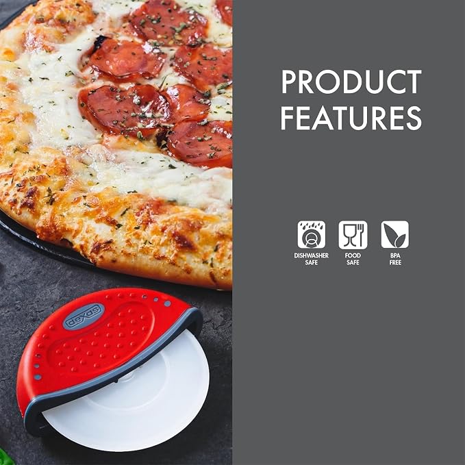 Dexas One-Handed Rolling Pizza Cutter, 4 Inch Nylon Wheel, Ergonomic Handheld Pizza Slicer, Red