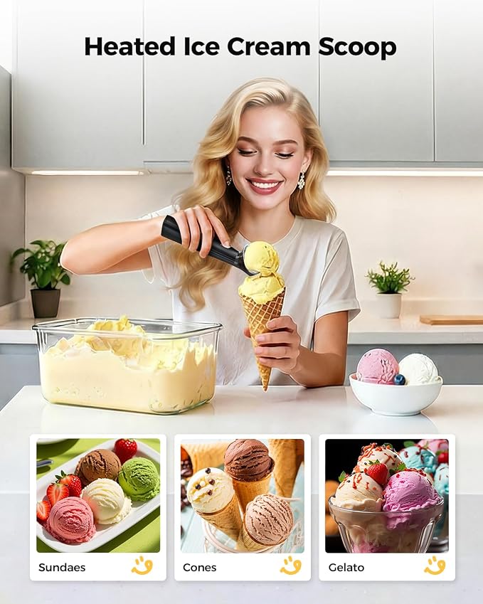 KYX Heated Ice Cream Scoop Rechargeable, Electric Ice Cream Scoop with 3-Level Heat 95-158°F, LED Display, IPX6 Waterproof, 3200mAh Battery, Easy Scoop for Hard Ice Cream, Gelato & Frozen Desserts