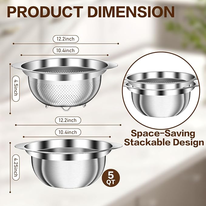 Colander, Strainer Bowl, Stainless Steel Colander, Rice Washing Bowl, Pasta Strainer & Vegetable Washer, Kitchen Strainer with Mixing Bowl for Draining, Food Prep, Dishwasher Safe, 5QT