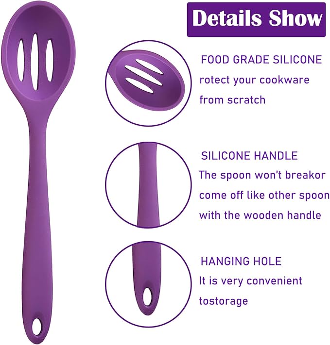 Linwnil 4 Pieces Silicone Slotted Spoons,10.6 Inch Nonstick Mixing Serving Spoons for Kitchen Cooking Bake Stir Draining Tool (4, Purple)