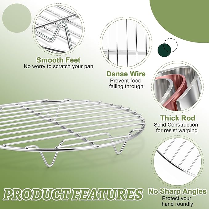 P&P CHEF Round Cooking Rack, Cooling Rack for Steamer, 7.5”, Silver | 3 Pack Stainless Steel Baking Rack for Grilling Roasting, Fits Air Fryer, Canning Pot, Oven & Dishwasher Safe, Non-toxic