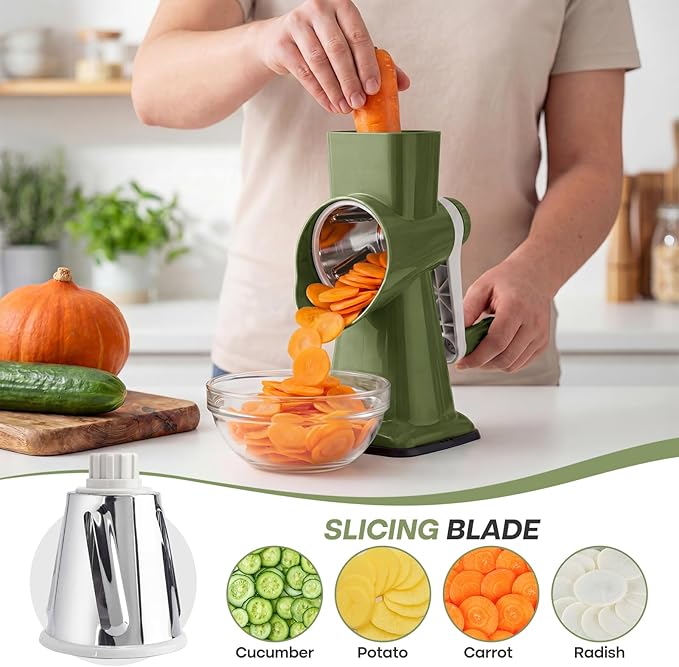 Rotary Cheese Grater,Cheese Shredder Hand Crank, Manual Cheese Grater for Veggies, 3-Blade Grater, Home Kitchen Appliances and Kitchen Gadgets (Green)