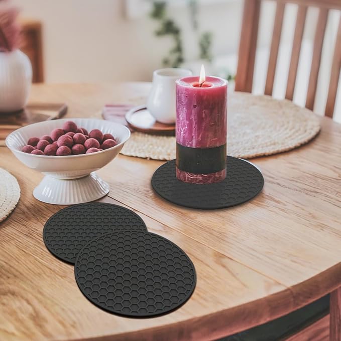 Silicone Non-Slip, Heat Resistant & Water-Trapping Trivet Mats for Water Glasses & Teacup & Coffee Cup & Dishes & Cookware, Multipurpose Kitchen Table Coaster, 3.5-Inch, 3 Pcs, Black