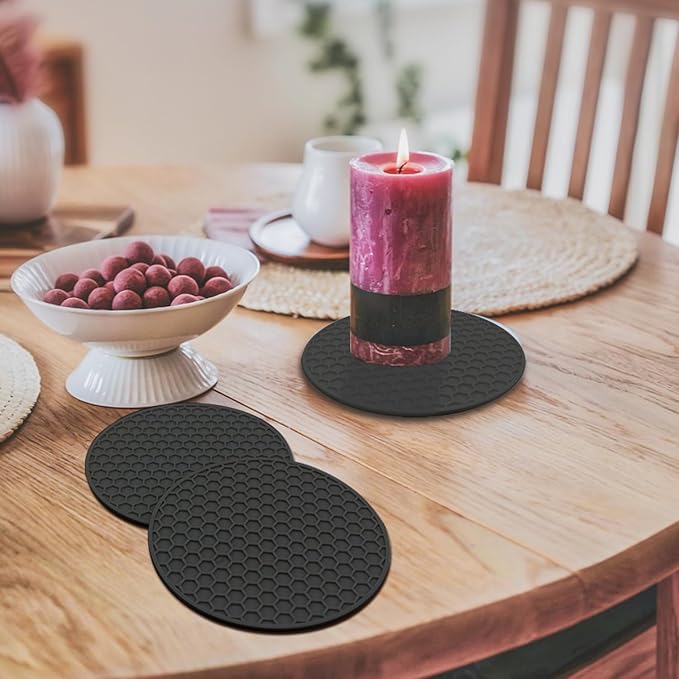 Silicone Non-Slip, Heat Resistant & Water-Trapping Trivet Mats for Water Glasses & Teacup & Coffee Cup & Dishes & Cookware, Multipurpose Kitchen Table Coaster, 3.5-Inch, Black