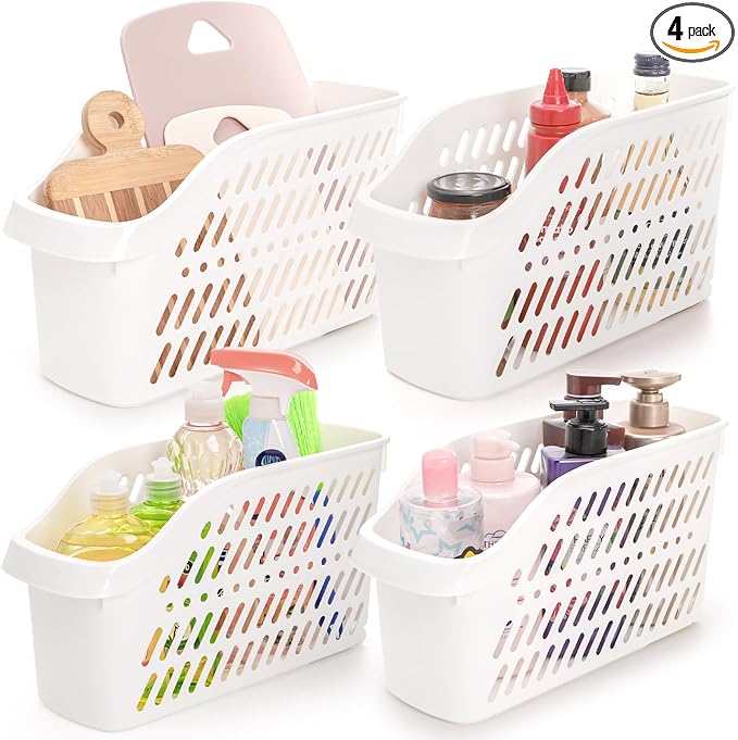 Coloch 4 Pack Plastic Under Sink Organizer with Wheels, Roll Out Bottle Organization Bins Narrow Kitchen Cabinet Organizers Multifunctional Plastic Organizer Basket for Under Sink, Kitchen, Bathroom