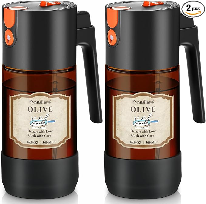 2-IN-1 Oil Sprayer for Cooking with 8 Stickers Light-Blocking Dark Glass Olive Oil Dispenser Bottle for Kitchen 500ml/16.9oz Oil Mister for Air Fryer, BBQ,Salad Even Spray with Portion Control-2PC