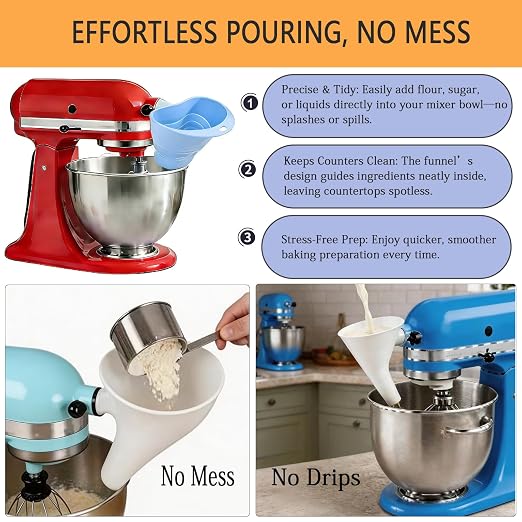 2Pcs Flour Funnel for Kitchen Aid Mixer, Plastic & Silicone Flour Funnel, Stand Mixer Attachment for 4.5–5 Qt Tilt-Head Models(KSM150), Flour & Egg Liquid are Easy to Pour, Dishwasher Safe